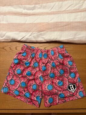 Kids Pink Donut-Print Shorts with Blue Accents